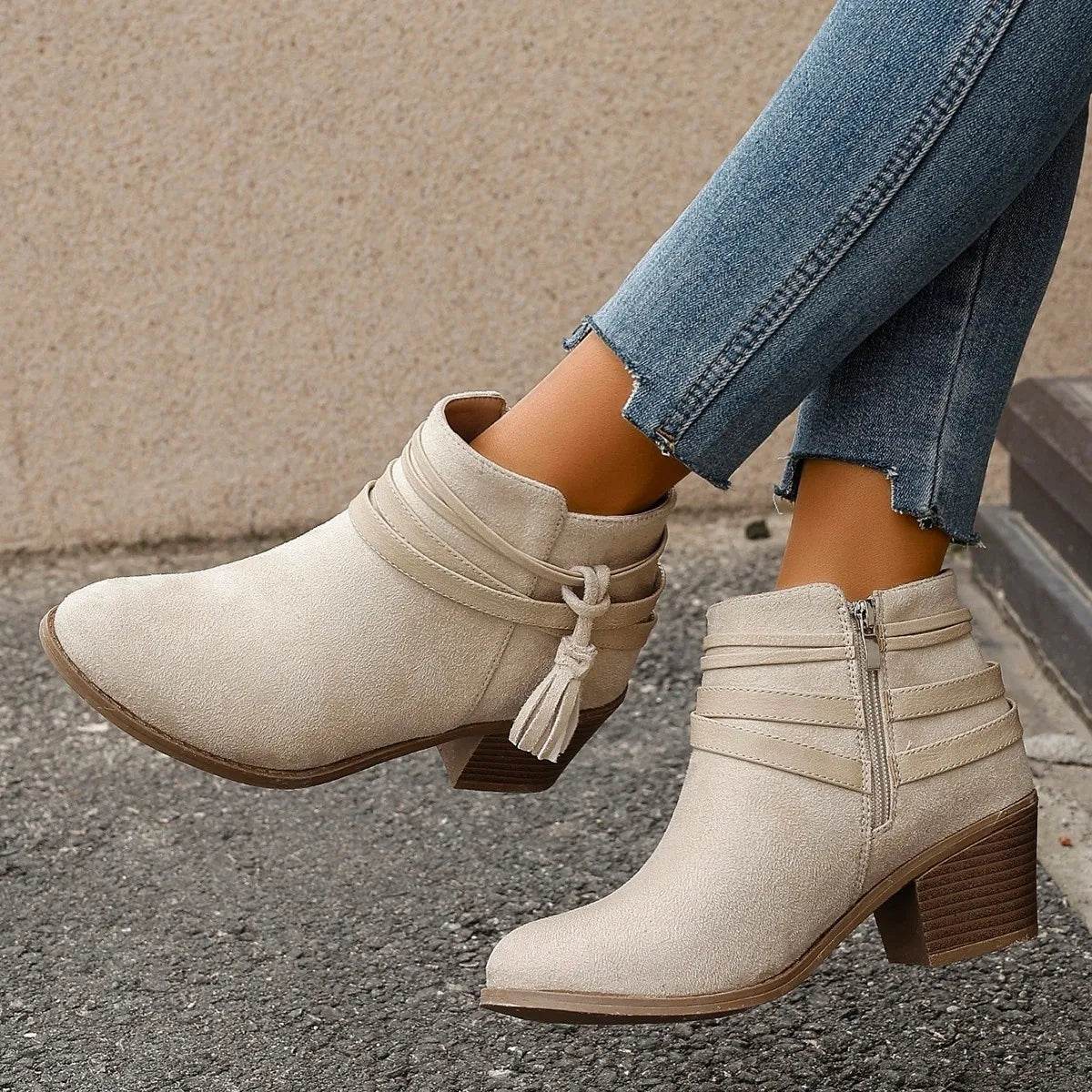 Tassel Point Toe Block Heels Boots - ELY VESSA LLC