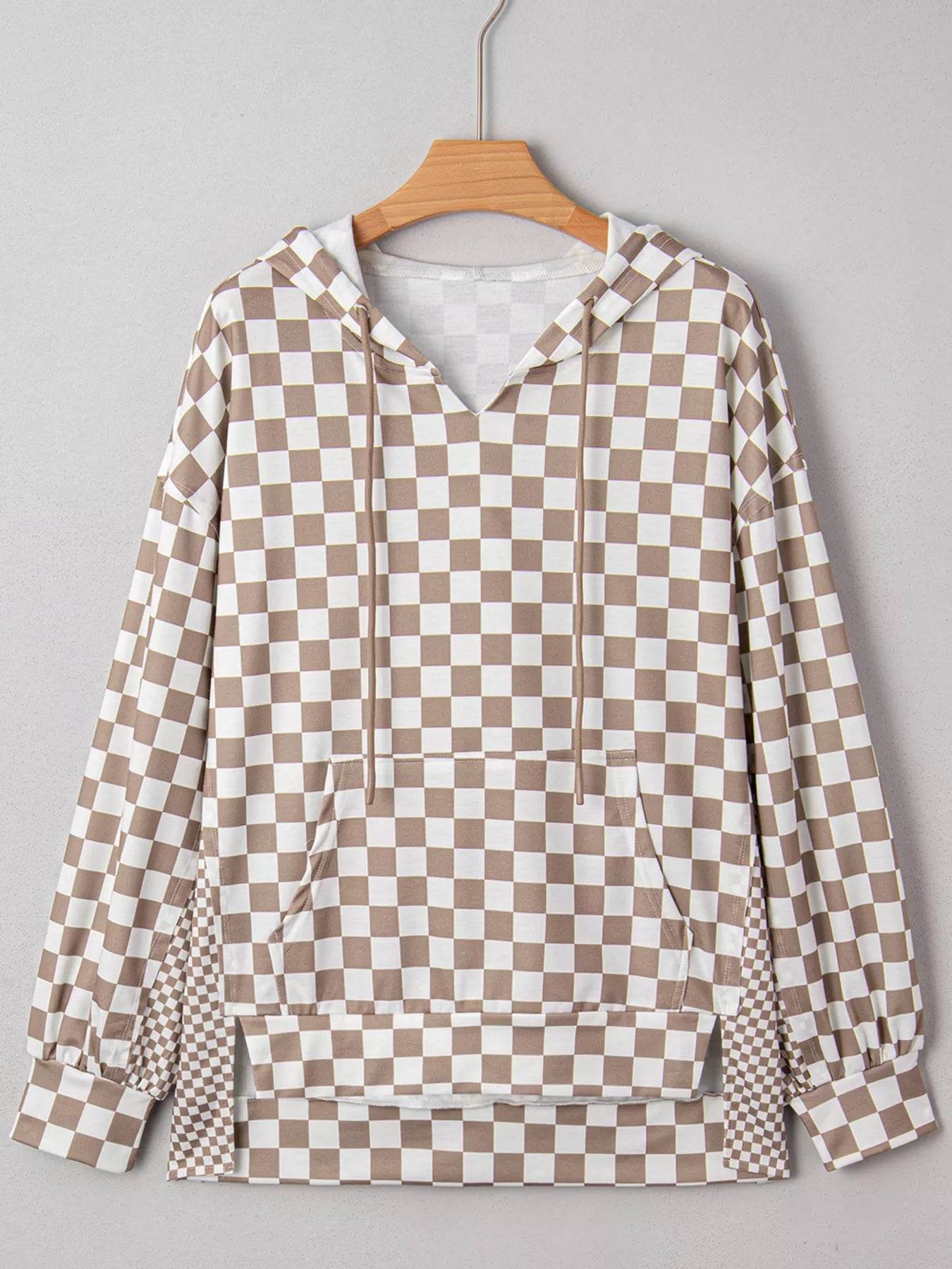 Checkered Pattern Oversized Drawstring Hoodie - ELY VESSA LLC
