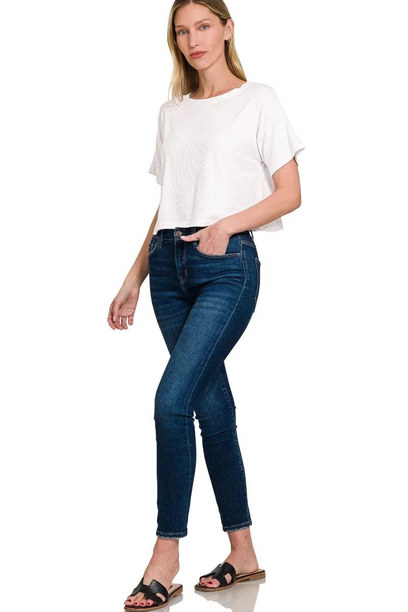 Zenana Ribbed Round-Neck Crop T-Shirt - ELY VESSA LLC