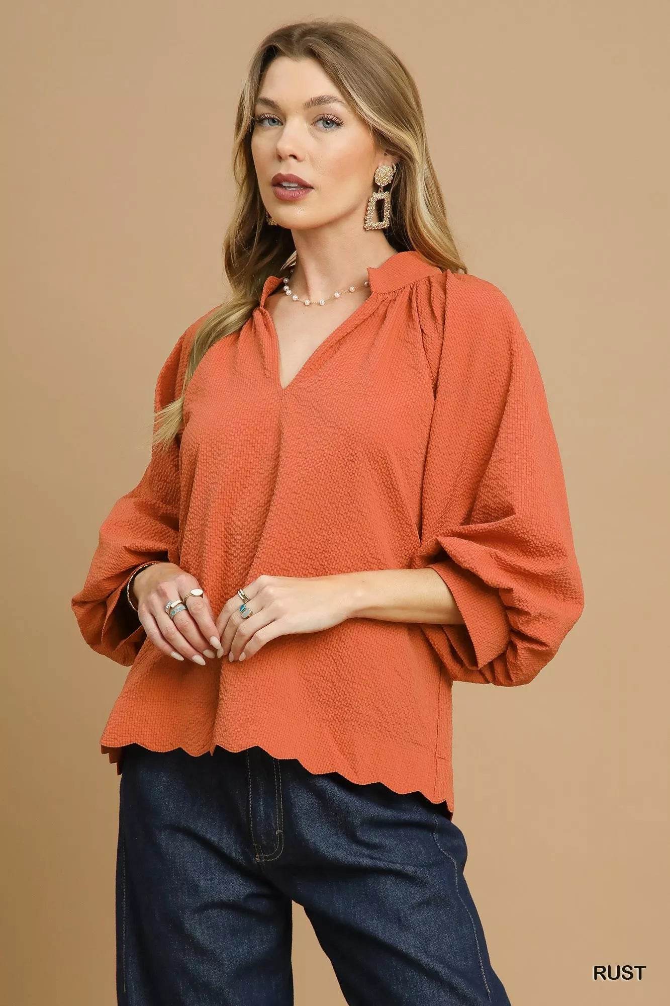 Umgee Textured Notched Balloon Sleeve Blouse with Scalloped Hem - ELY VESSA LLC