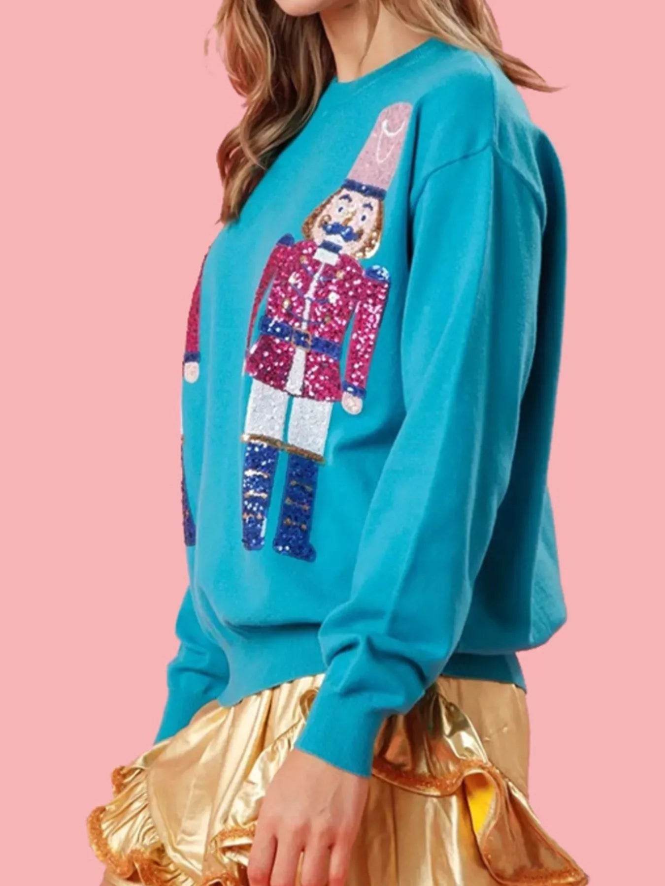 Christmas Sequin Nutcracker Dropped Shoulder Sweatshirt - ELY VESSA LLC