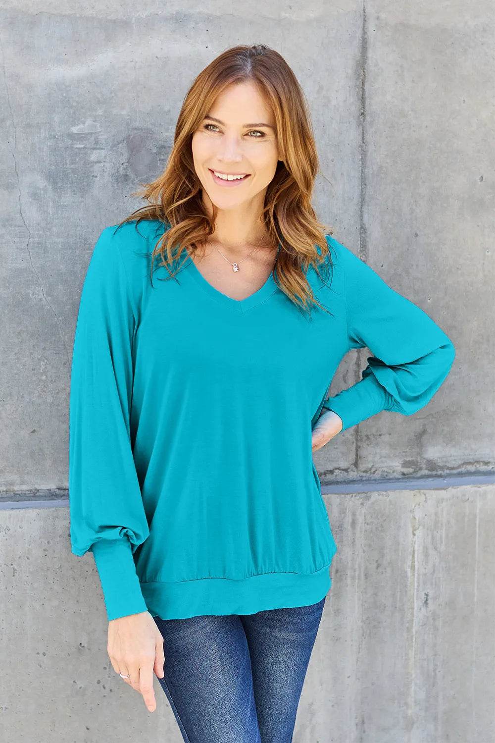 Basic Bae Full Size V-Neck Lantern Sleeve Top - ELY VESSA LLC