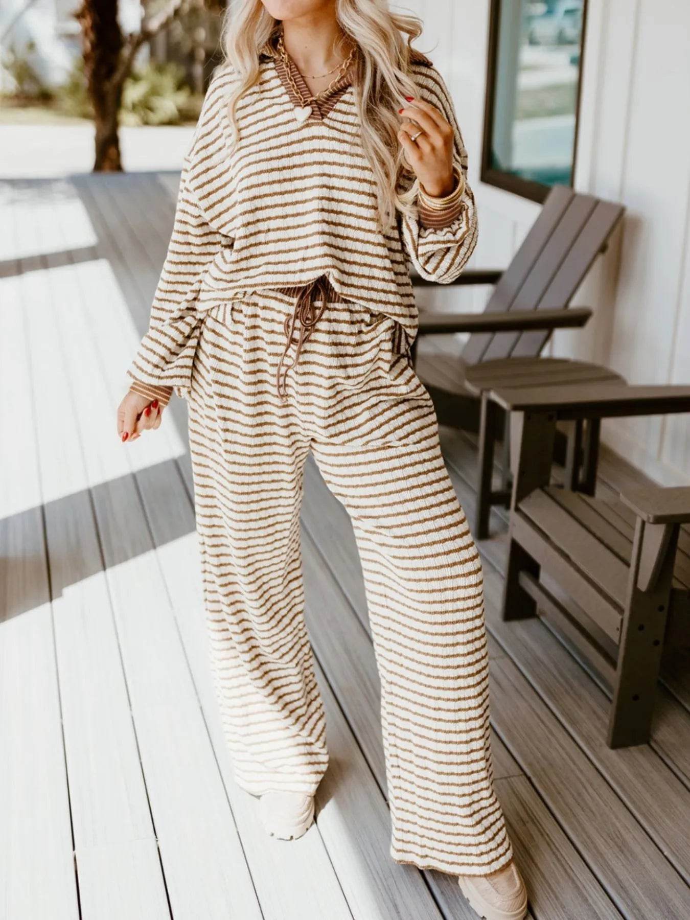 Stripe Collared Top and Drawstring Pant Set - ELY VESSA LLC