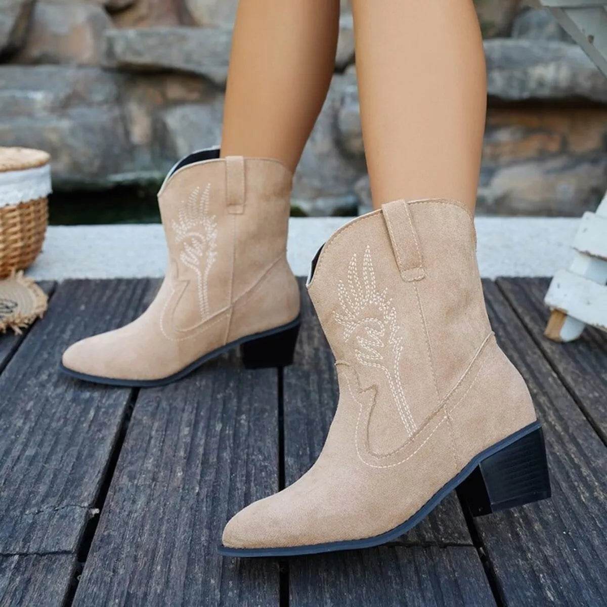Point Toe Block Heels Boots - ELY VESSA LLC