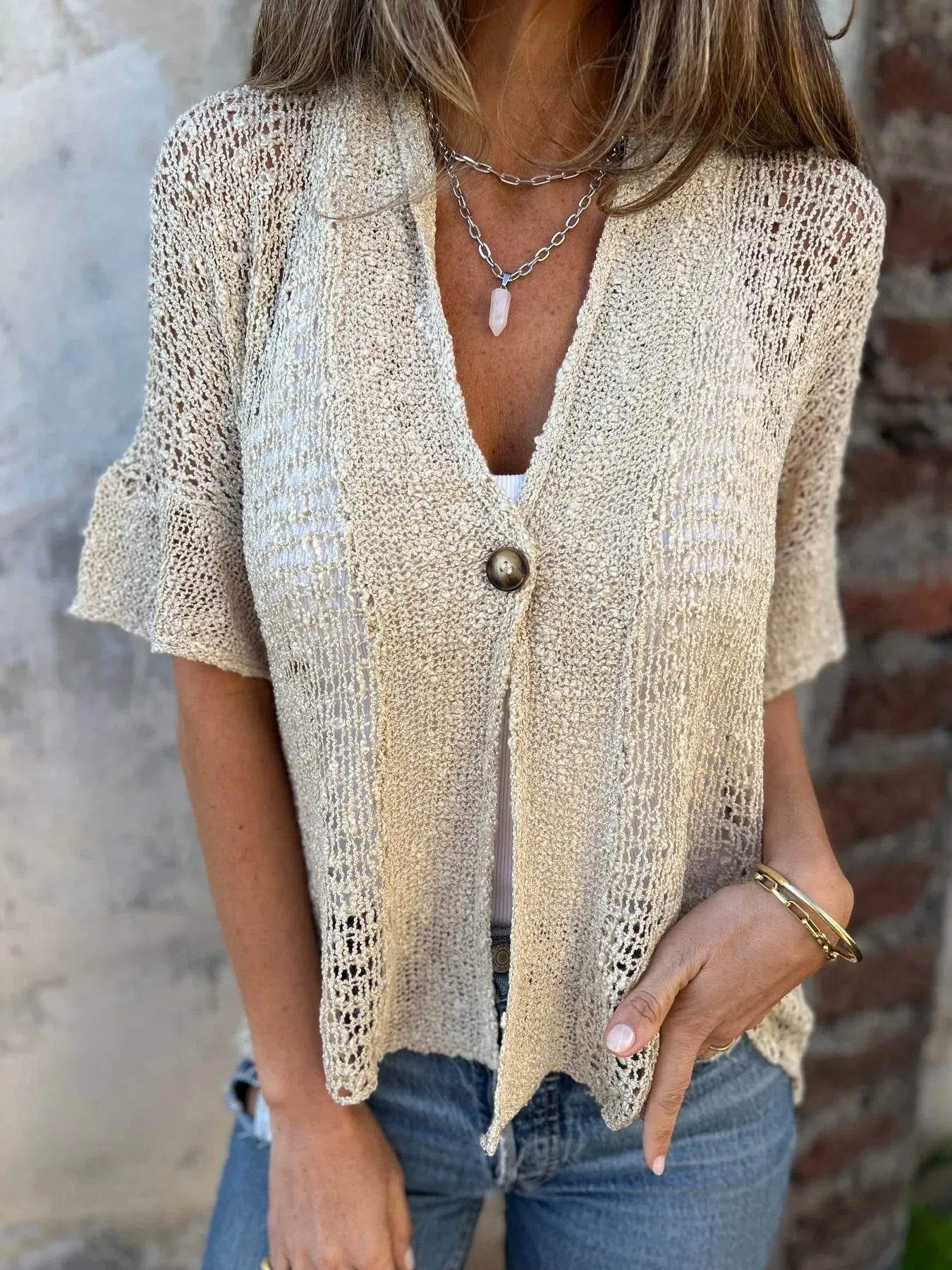 Full Size One Button Openwork Cardigan Plus Size - ELY VESSA LLC