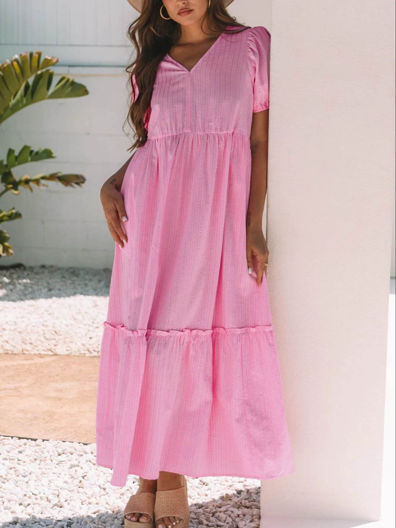 Striped Puff Sleeve V-Neck Maxi Dress - ELY VESSA LLC
