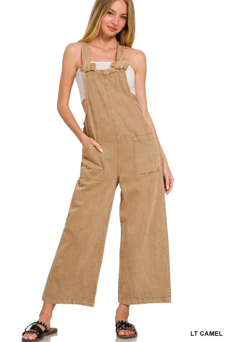 Zenana Washed Knot Strap Pockets Jumpsuit - ELY VESSA LLC