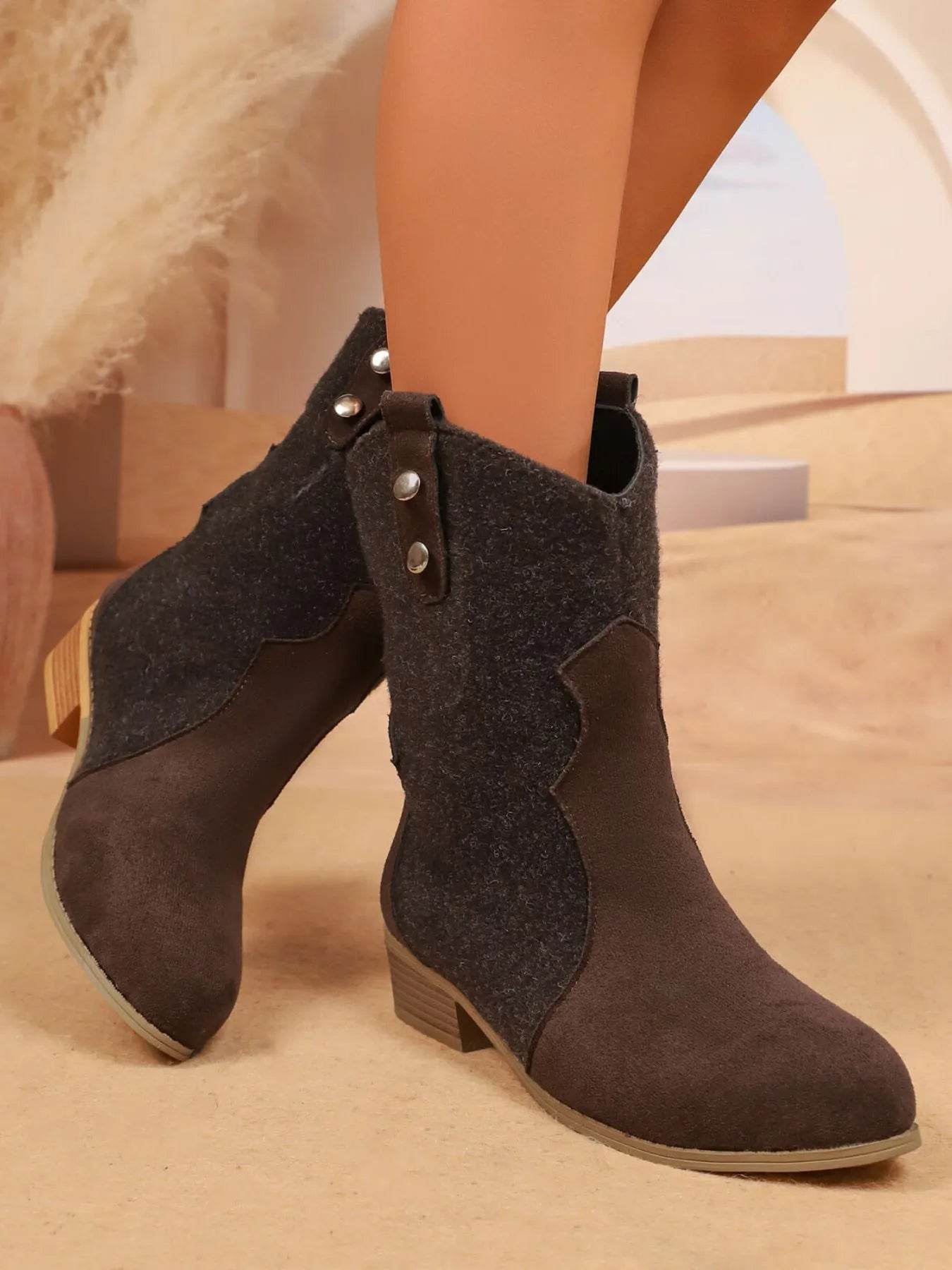 Mid-Calf Western Boots with Block Heels - ELY VESSA LLC