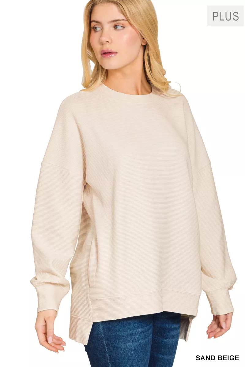 Zenana Full Size Acid Washed Double Ribbed Hi-low Sweatshirt Plus Size - ELY VESSA LLC
