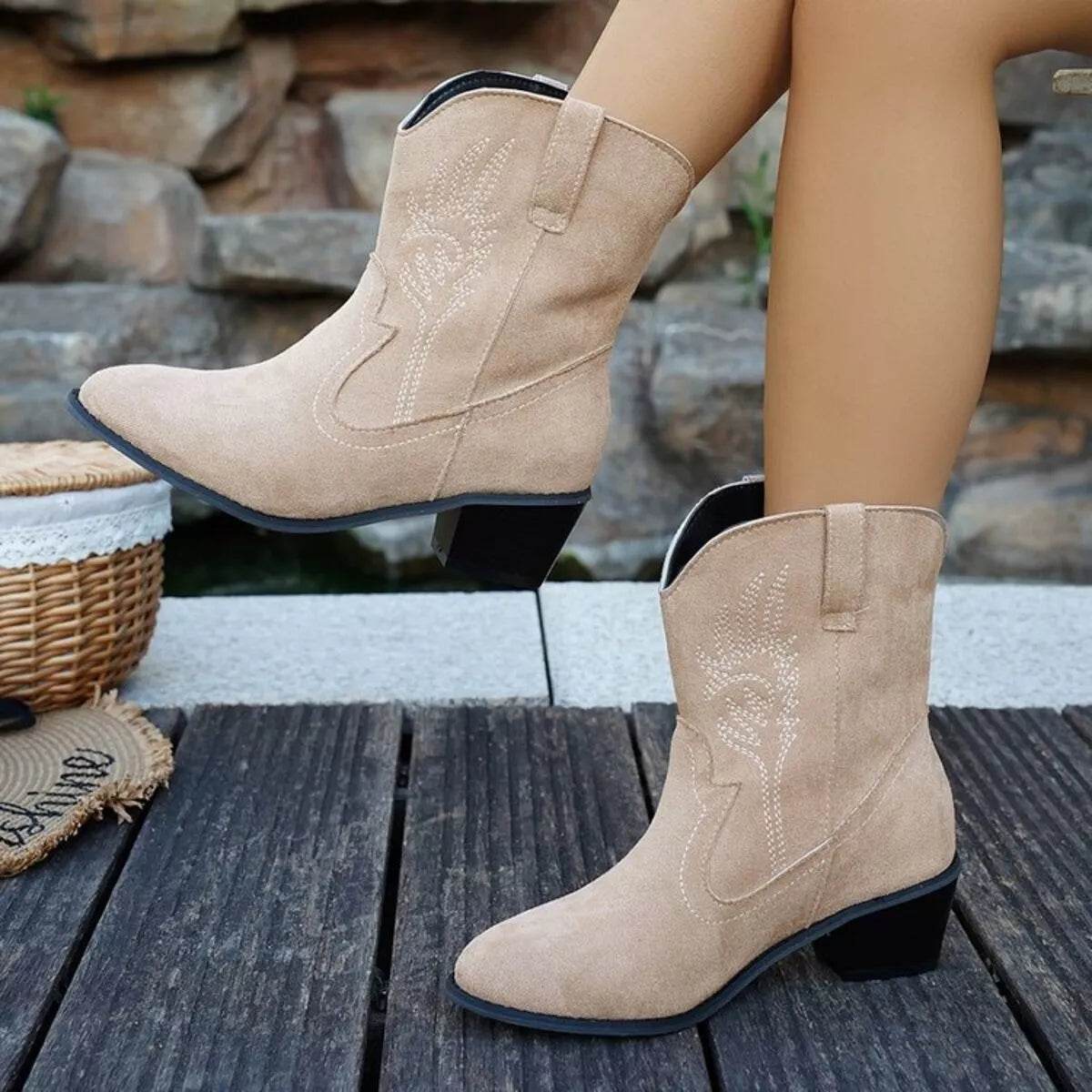 Point Toe Block Heels Boots - ELY VESSA LLC