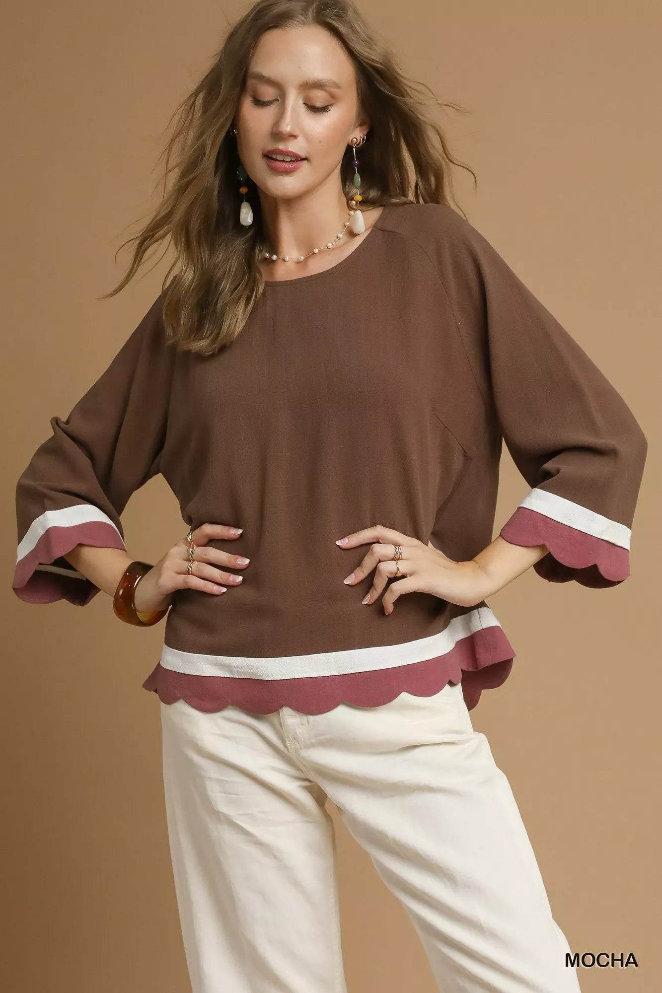 Umgee Scalloped Hem Color Block Top - ELY VESSA LLC