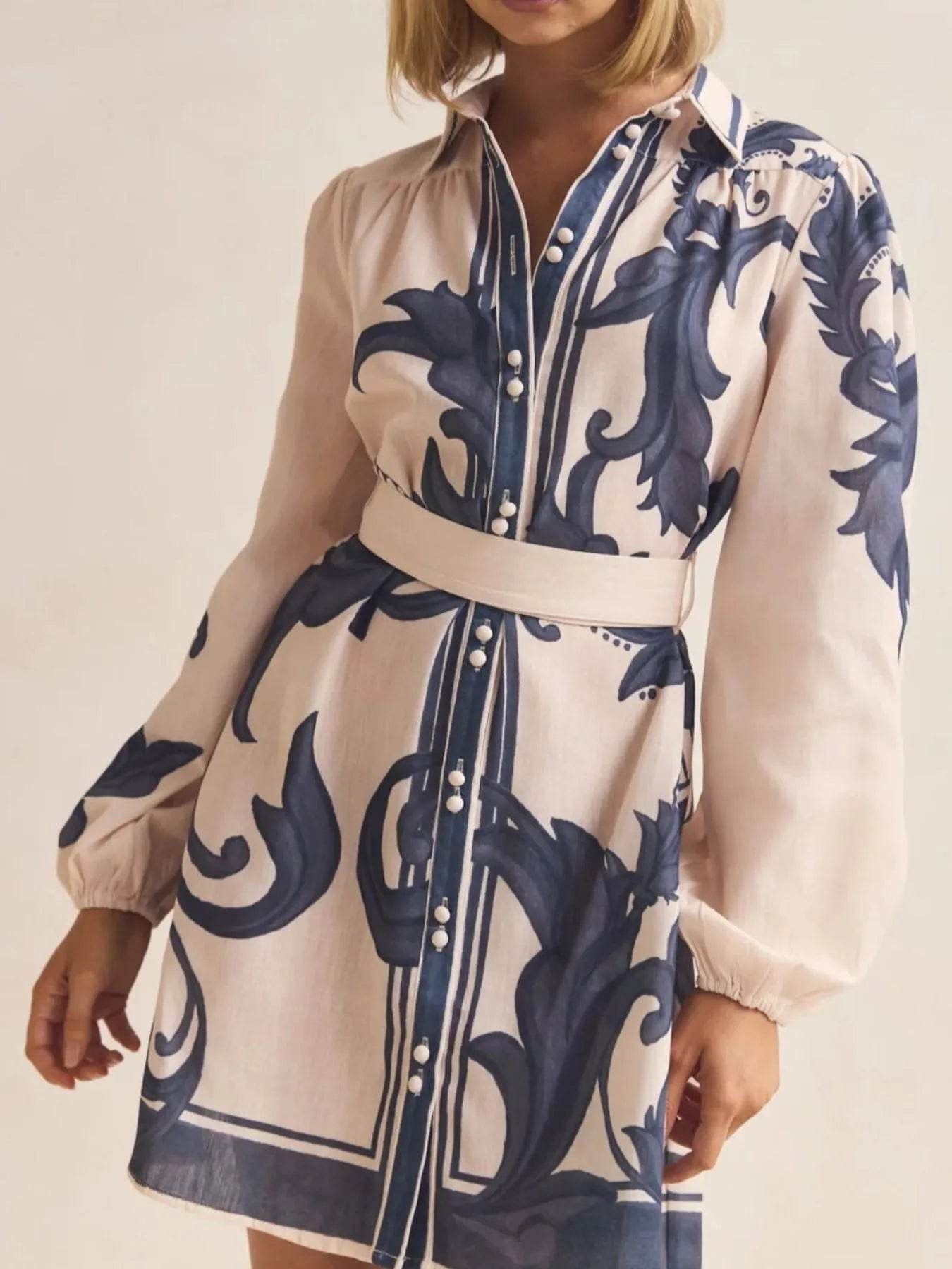 Printed Long Sleeve Shirt Dress - ELY VESSA LLC