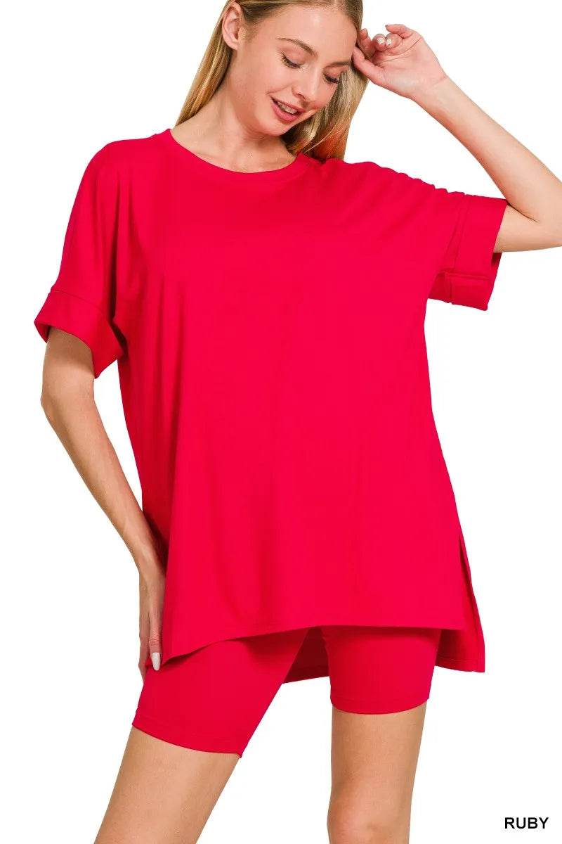 Zenana Full Size Brushed Dty Microfiber Round Neck Top and Biker Shorts Set Plus Size - ELY VESSA LLC