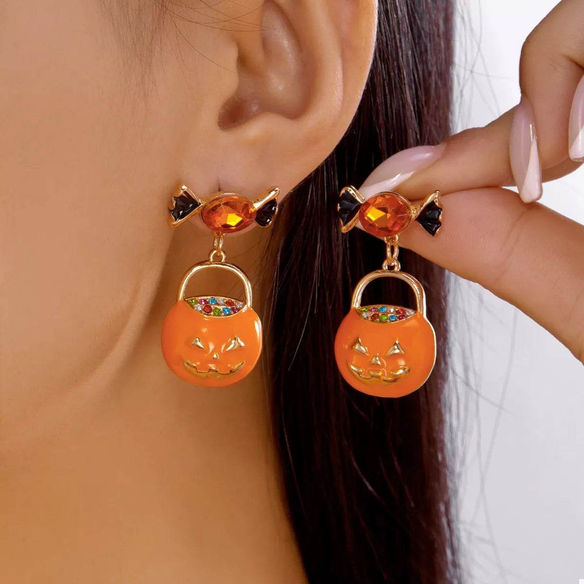 Halloween Rhinestone Pumpkin Dangle Earrings - ELY VESSA LLC