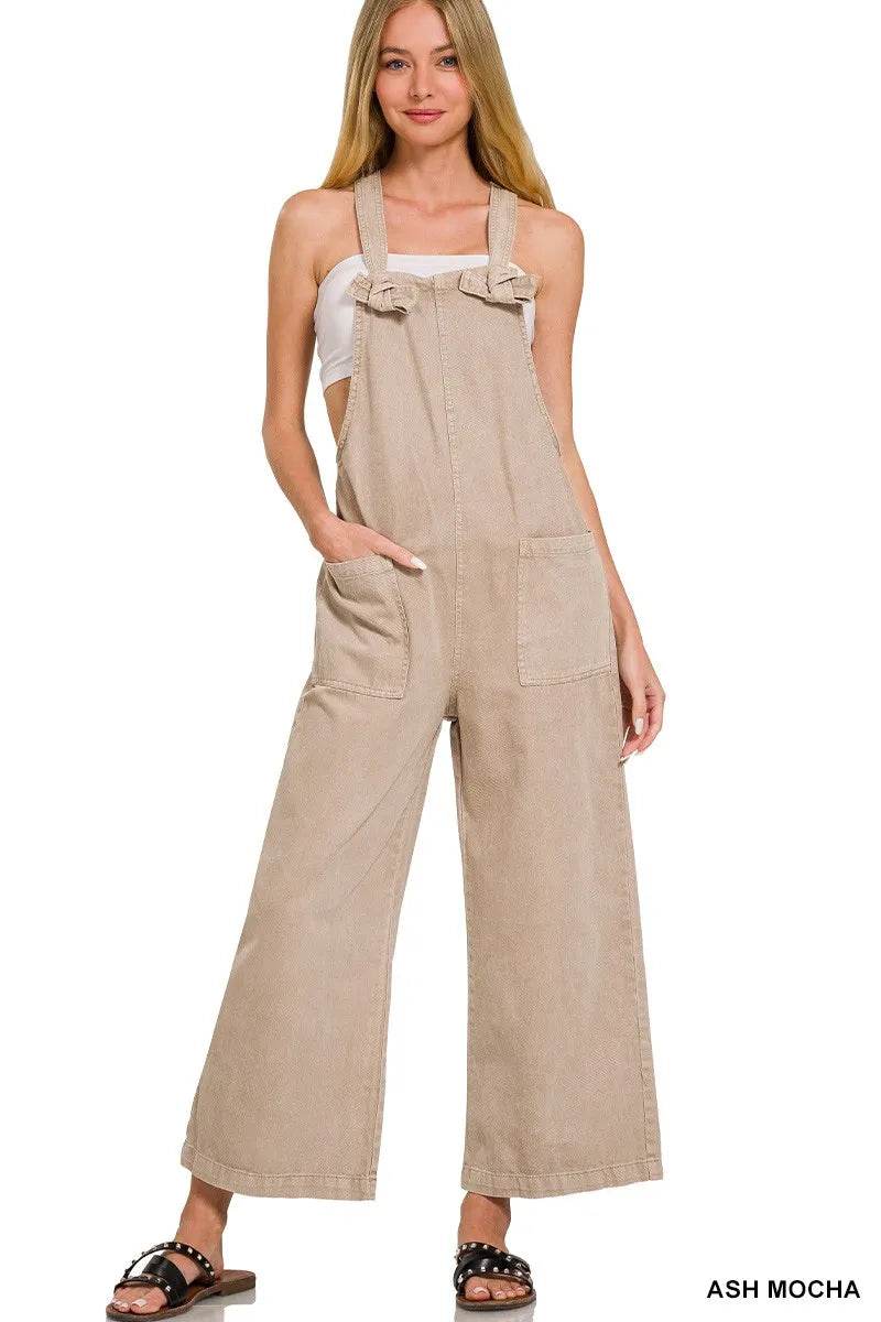 Zenana Washed Knot Strap Pockets Jumpsuit - ELY VESSA LLC
