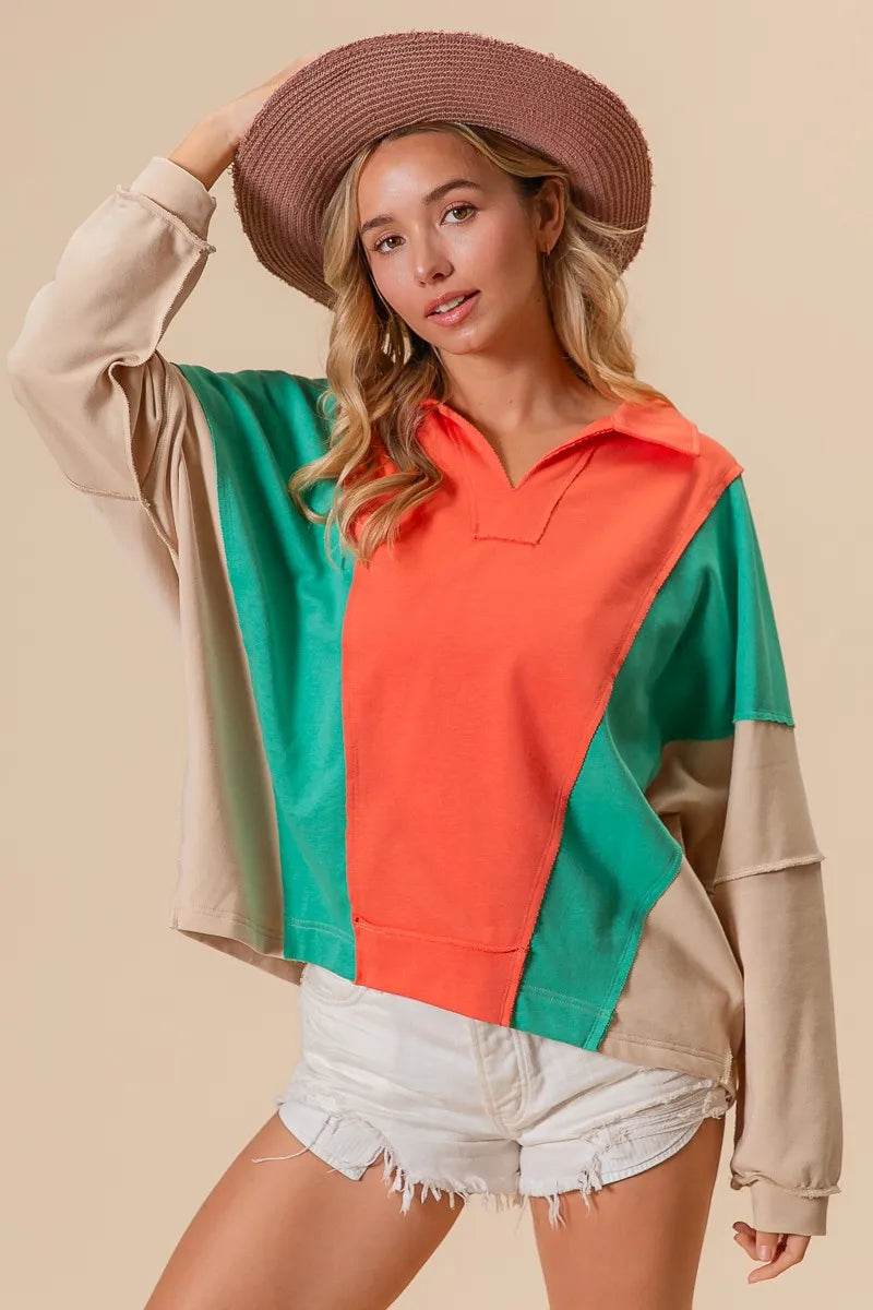 BiBi Colorblock Exposed Seam French Terry Sweatshirt - ELY VESSA LLC