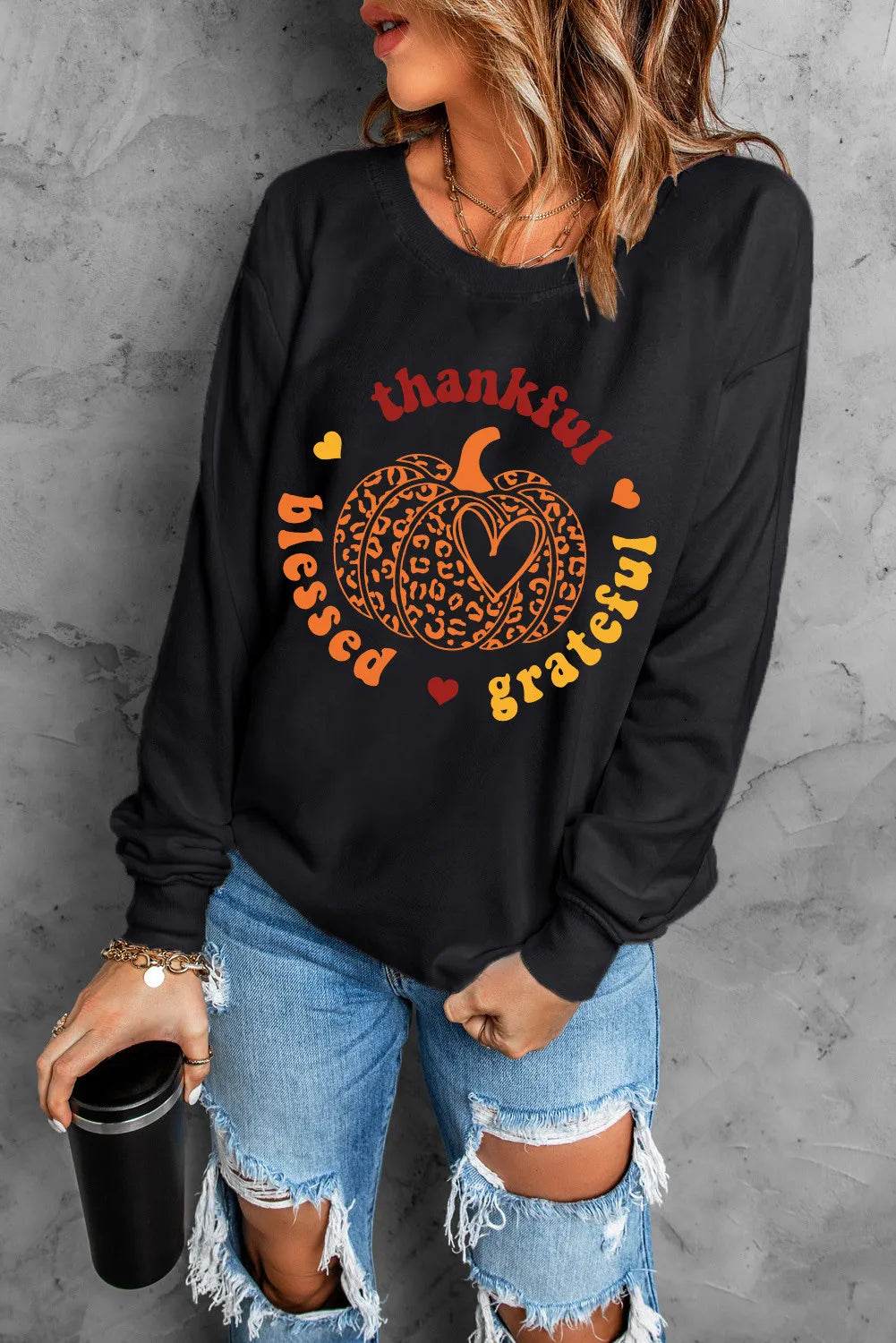 Pumpkin Graphic Long Sleeve Sweatshirt - ELY VESSA LLC