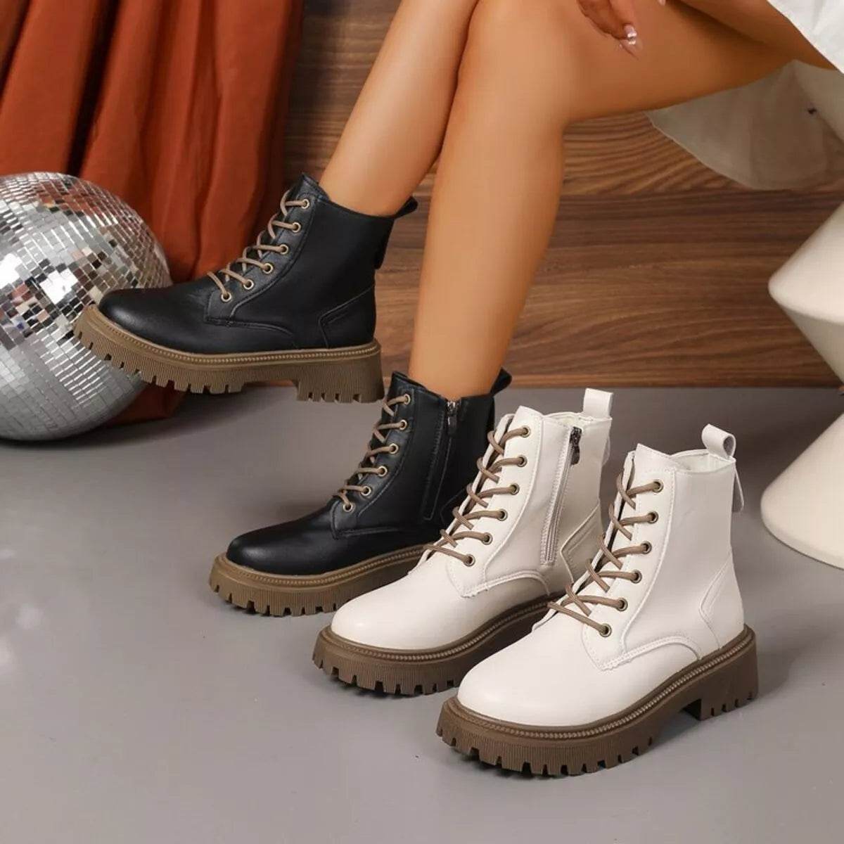 Lace Up Round Toe Boots - ELY VESSA LLC