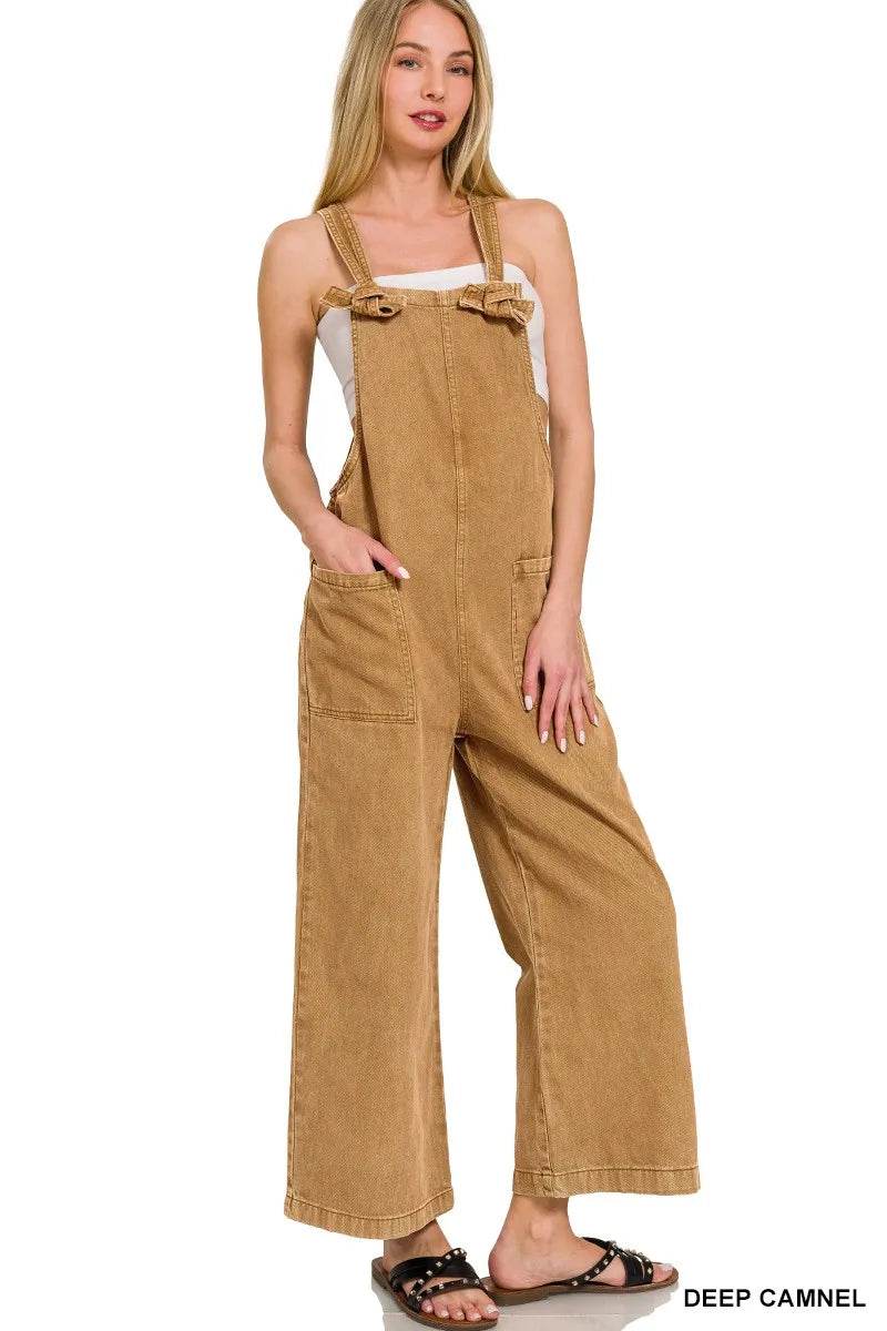 Zenana Washed Knot Strap Pockets Jumpsuit - ELY VESSA LLC