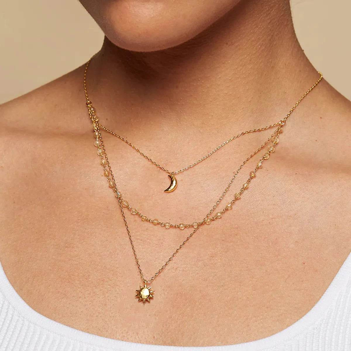 18K Gold-Plated Layered Moon Sun Pendant Necklace - ELY VESSA LLC