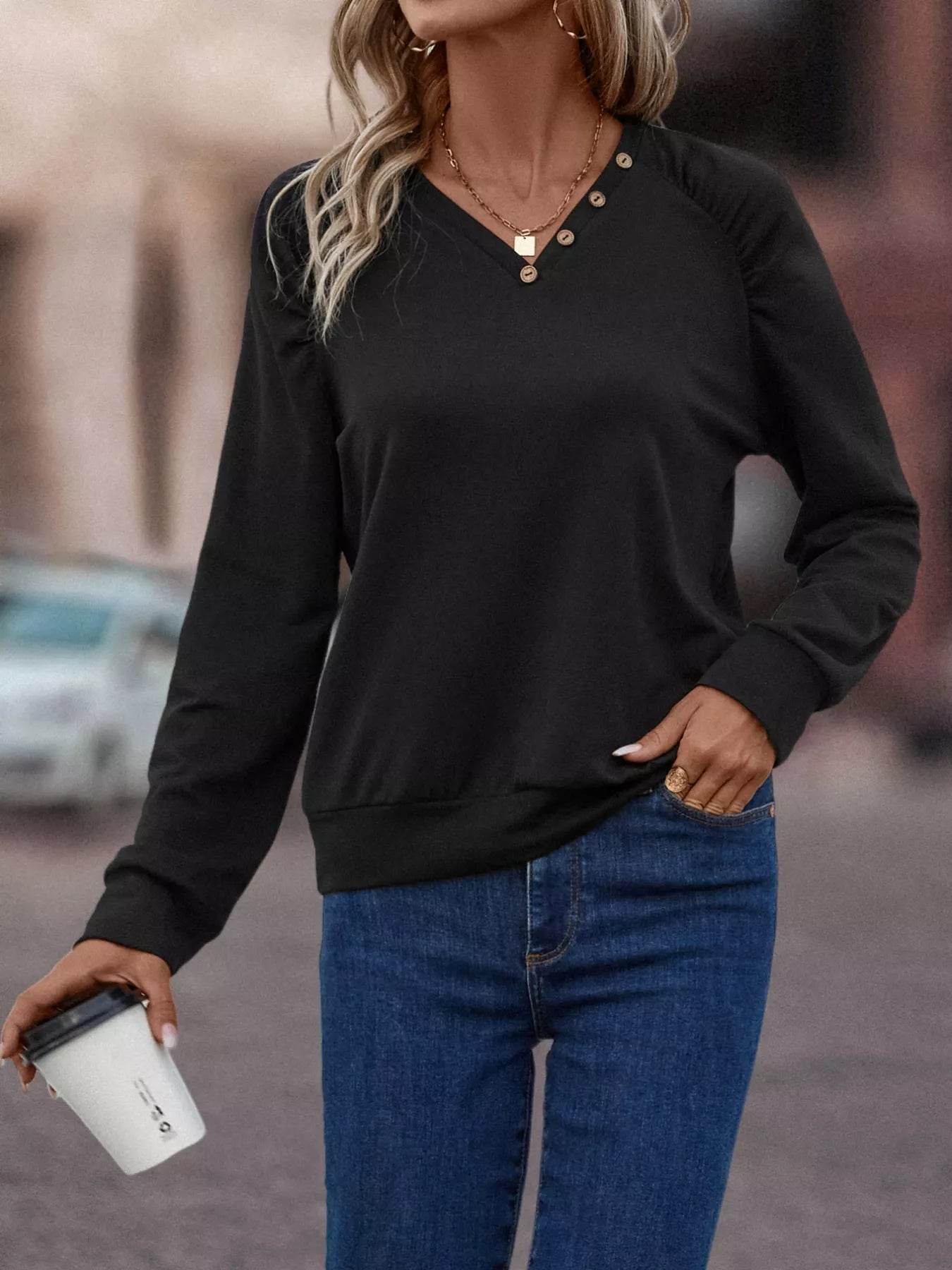 V-Neck Long Sleeve T-Shirt - ELY VESSA LLC
