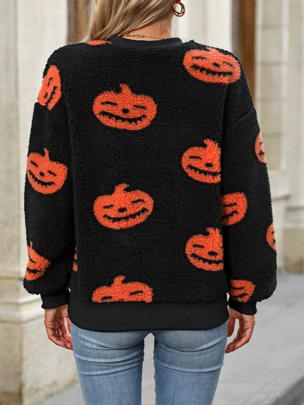 Fuzzy Pumpkin Round Neck Dropped Shoulder Sweater - ELY VESSA LLC