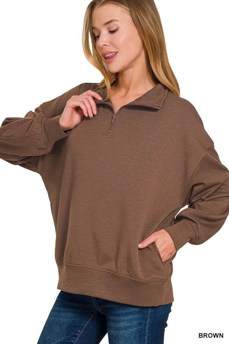 Zenana Scuba Quarter-Zip Sweatshirt - ELY VESSA LLC