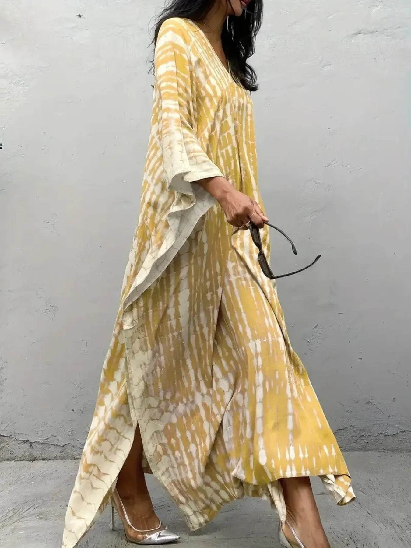 Tie-Dye V-Neck Maxi Dress with Flowy Sleeves - ELY VESSA LLC