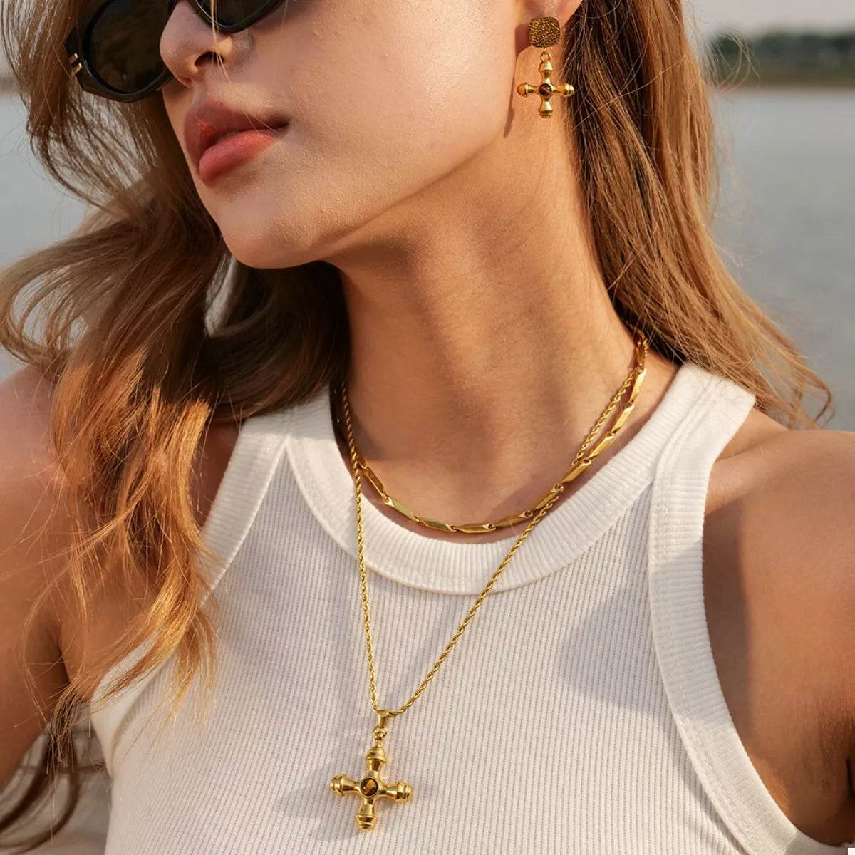 18K Gold-Plated Tiger's Eye Cross Pendant Necklace - ELY VESSA LLC