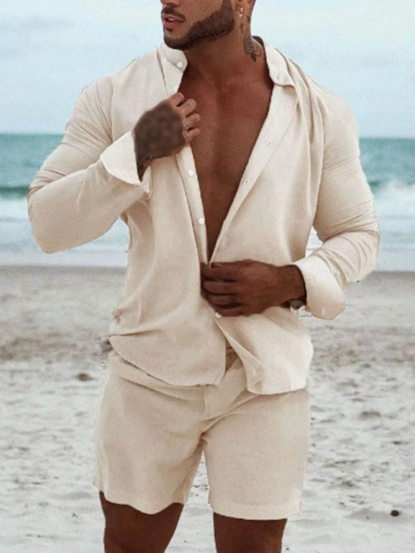 Men's Full Size Button Up Long Sleeve Shirt and Shorts Set Plus Size - ELY VESSA LLC