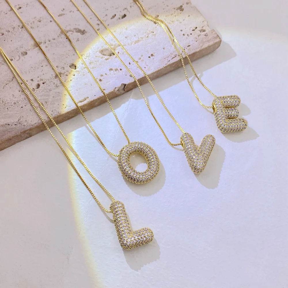 Inlaid Zircon Bubble Initial Necklace - ELY VESSA LLC