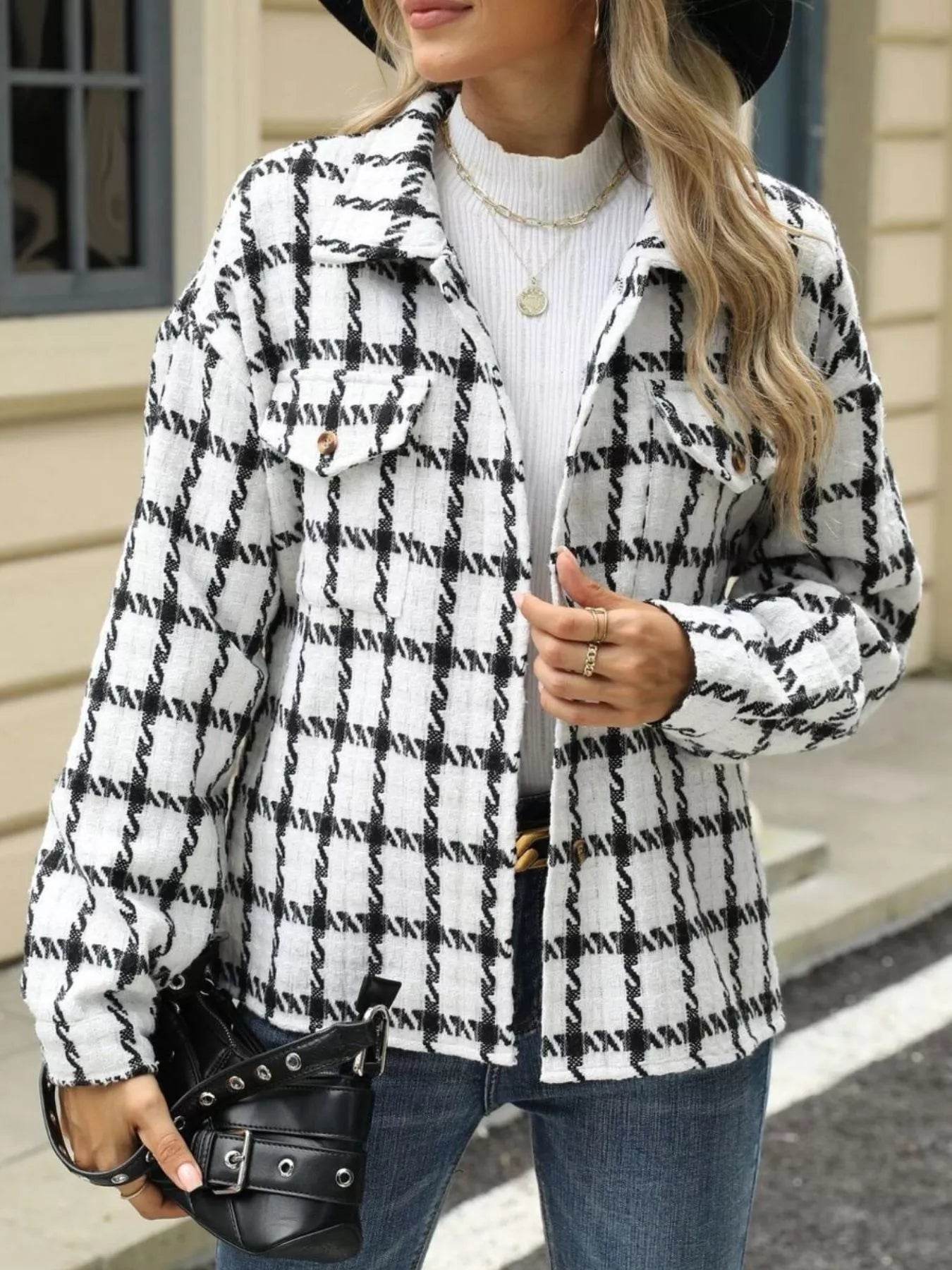 Plaid Button Up Long Sleeve Jacket - ELY VESSA LLC