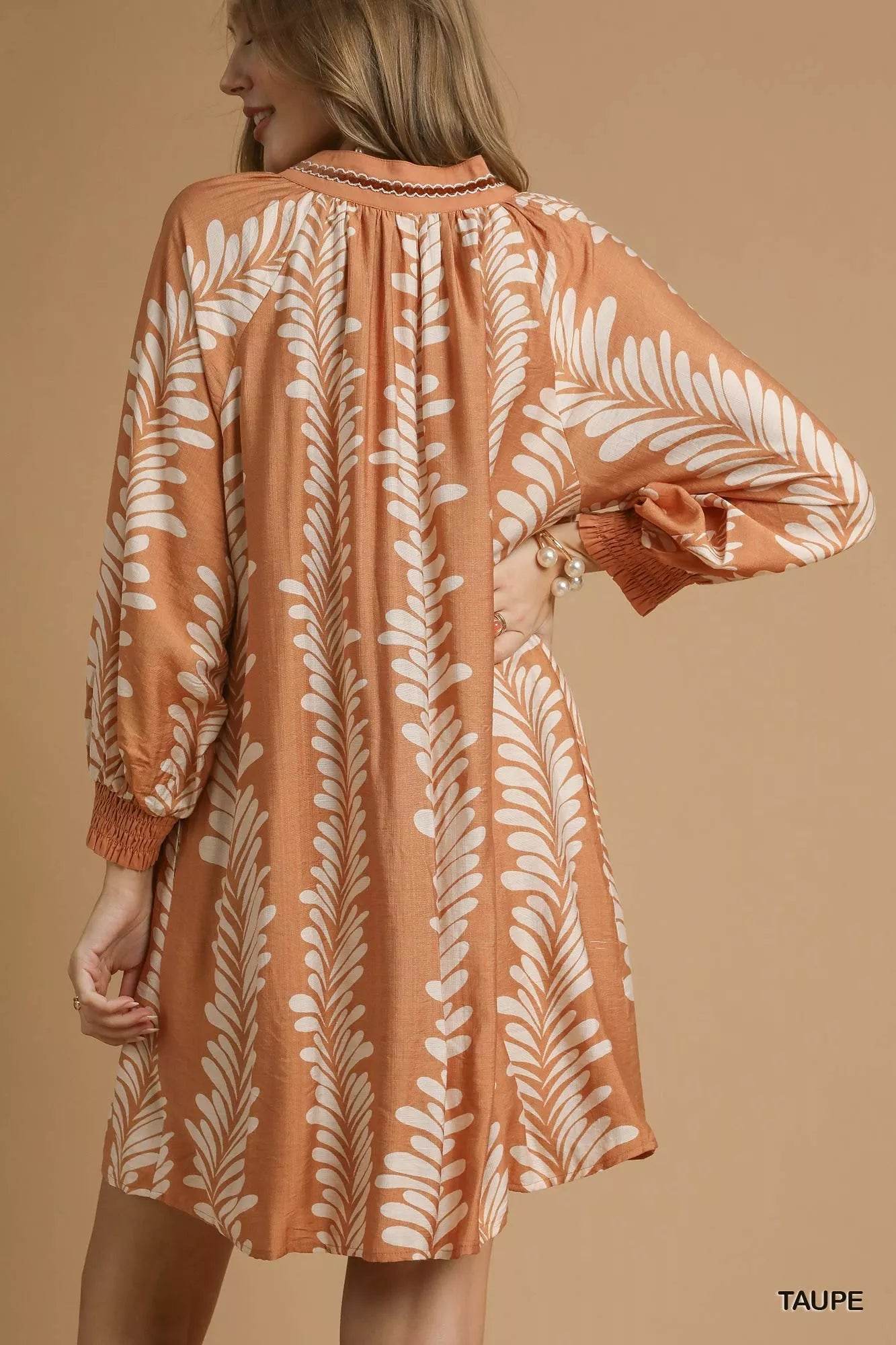 Umgee Leaf Print Notched Mini Babydoll Dress - ELY VESSA LLC