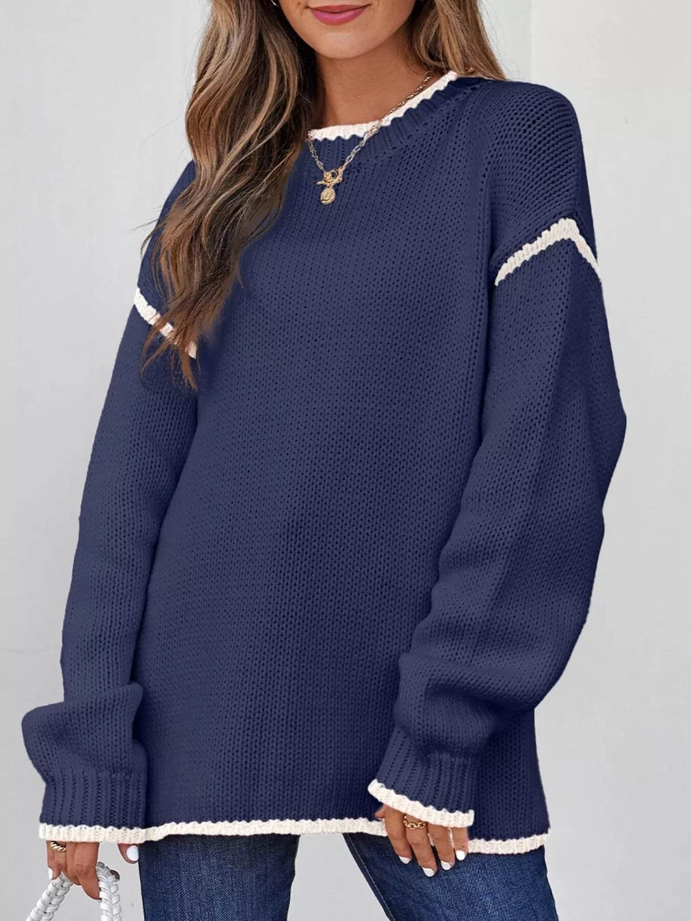 Contrast Trim Long Sleeve Sweater - ELY VESSA LLC