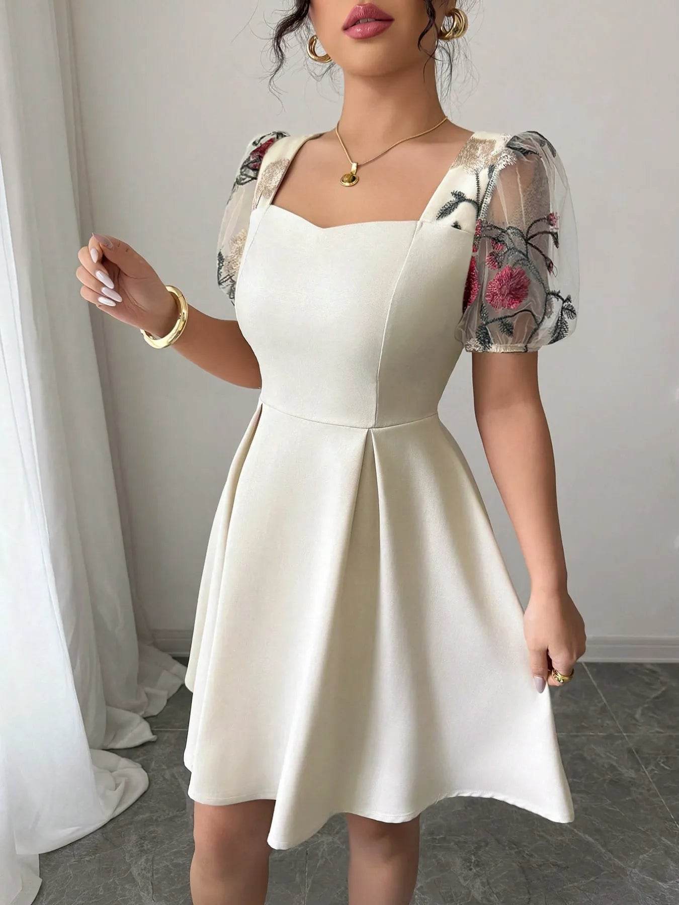 Square Neck Floral Sheer Sleeve Dress - ELY VESSA LLC