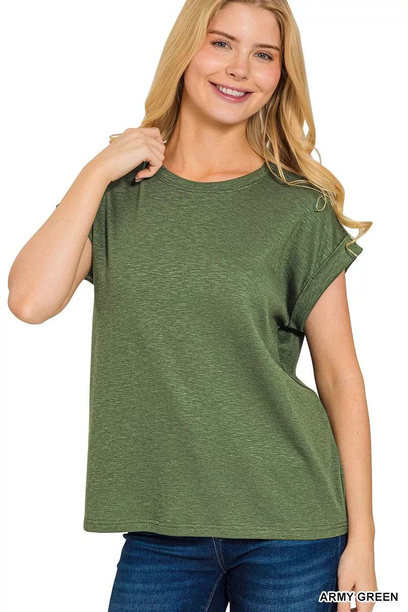 Zenana Cotton Modal Slub Rolled Sleeve T-Shirt - ELY VESSA LLC