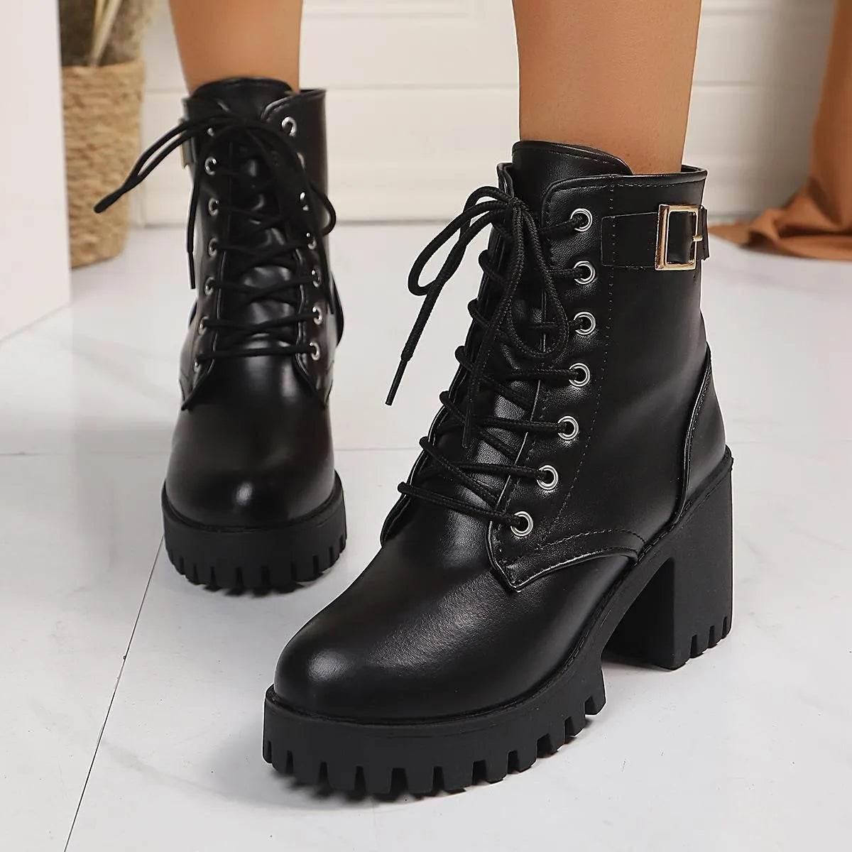 Combat Lace Up Boots with Buckle Straps - ELY VESSA LLC