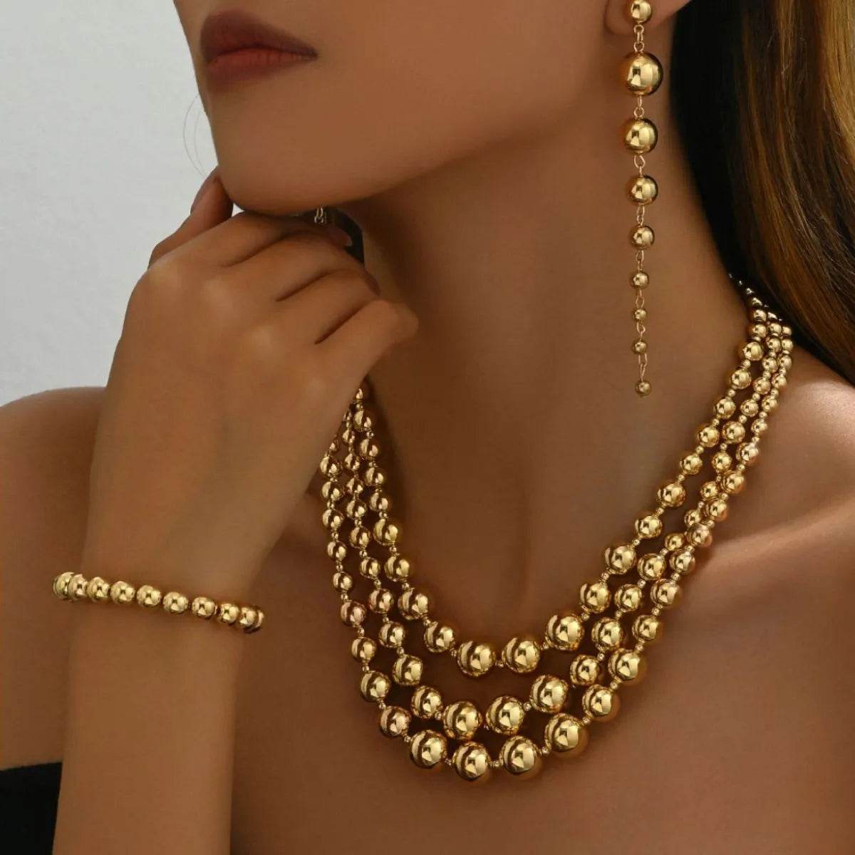 18K Stainless Steel Beaded Multi-Layered Necklace Bracelet Earrings Jewelry Set - ELY VESSA LLC