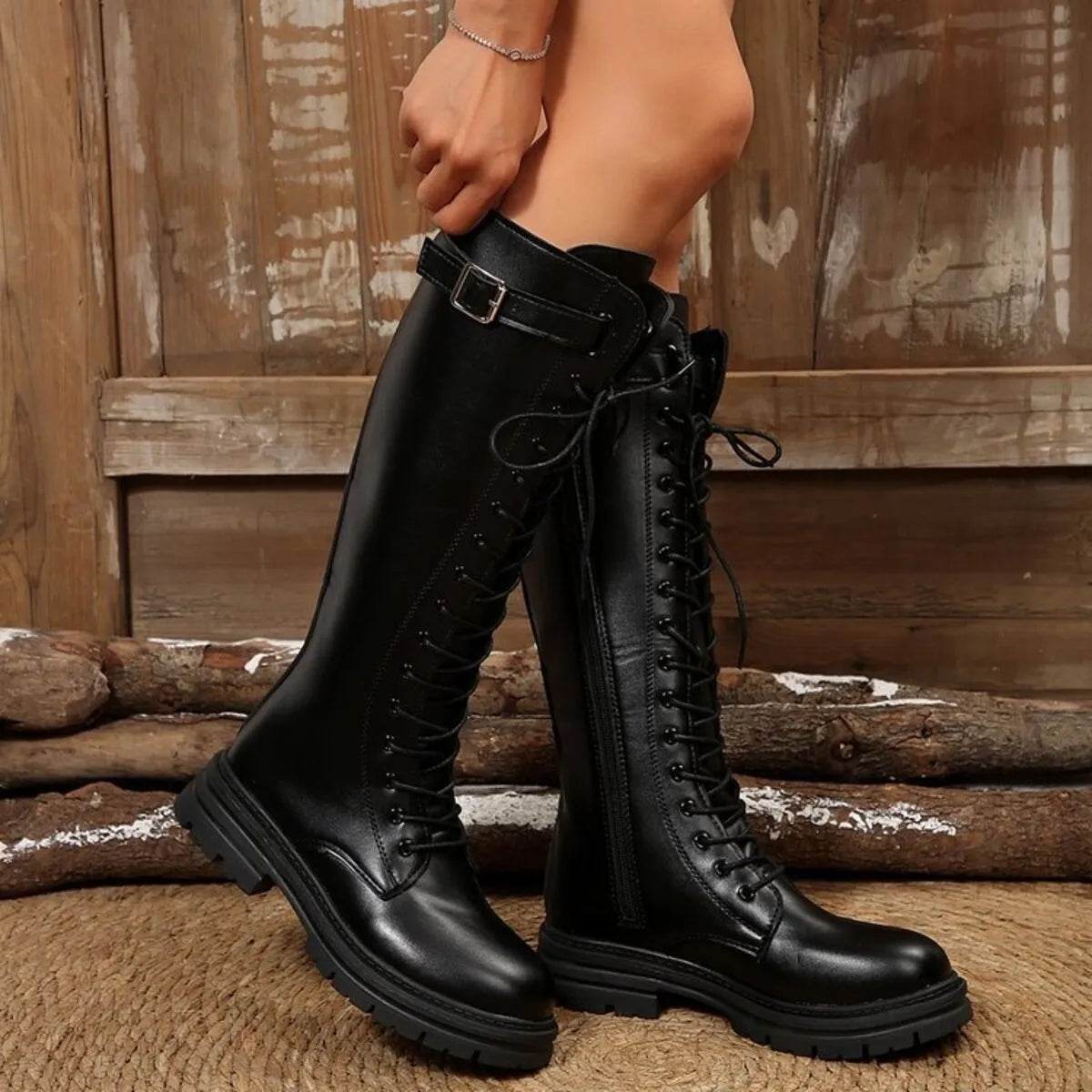 Lace Up Block Heels Boots - ELY VESSA LLC