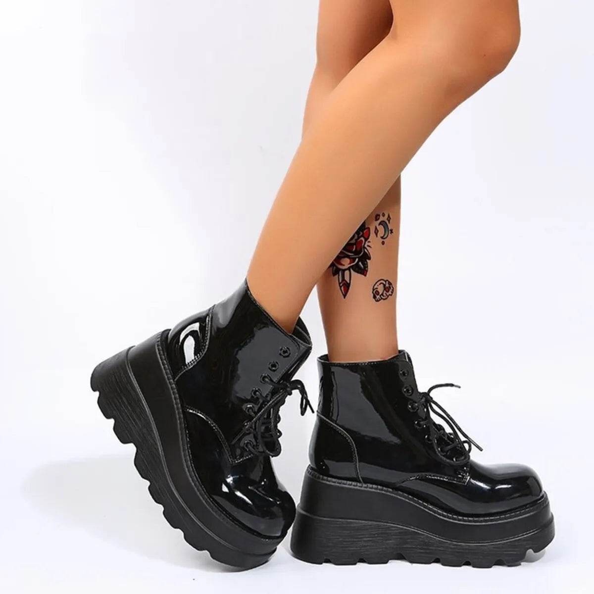 Lace Up Platform Wedge Boots - ELY VESSA LLC