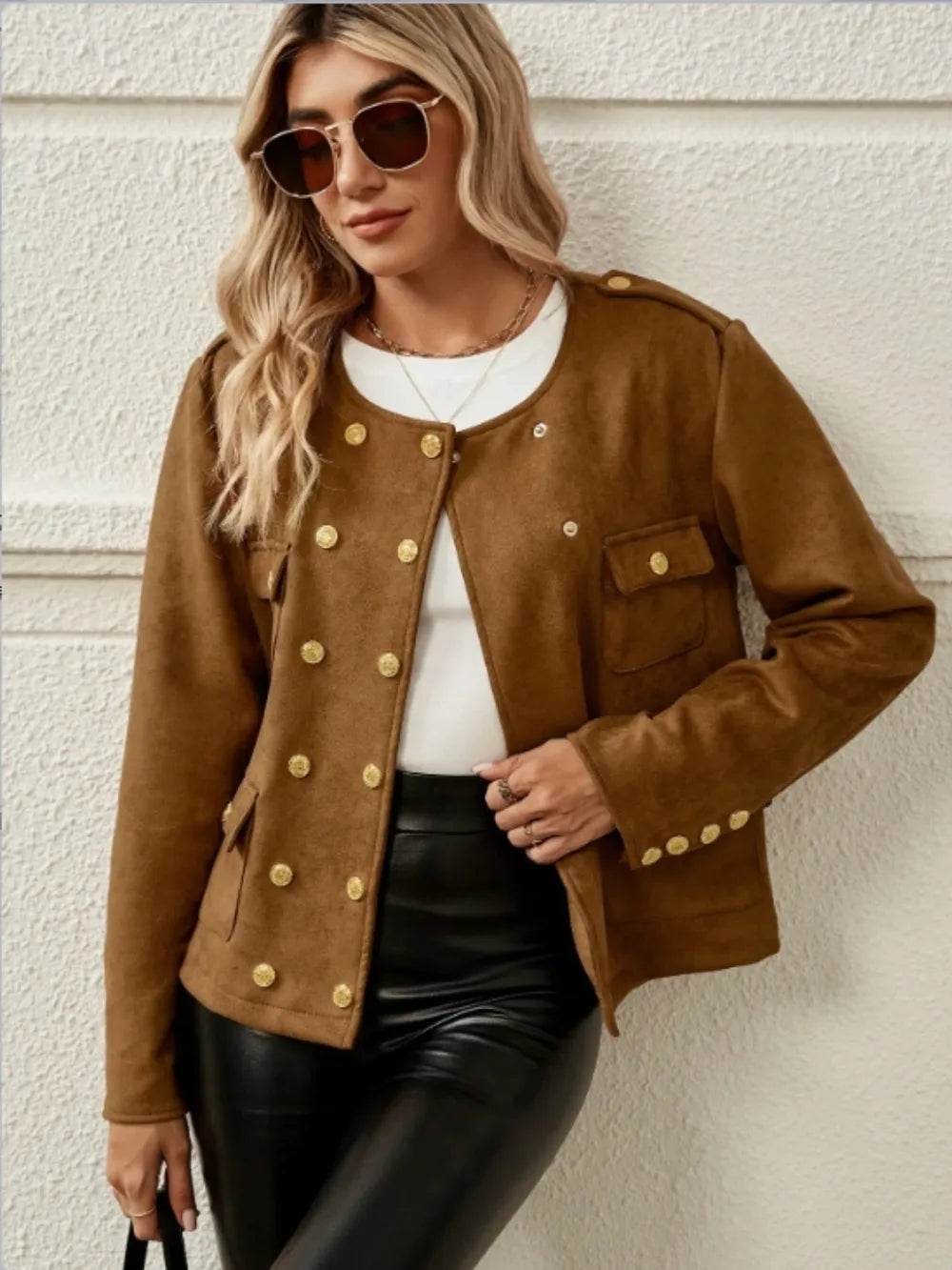 Snap Down Round Neck Jacket - ELY VESSA LLC