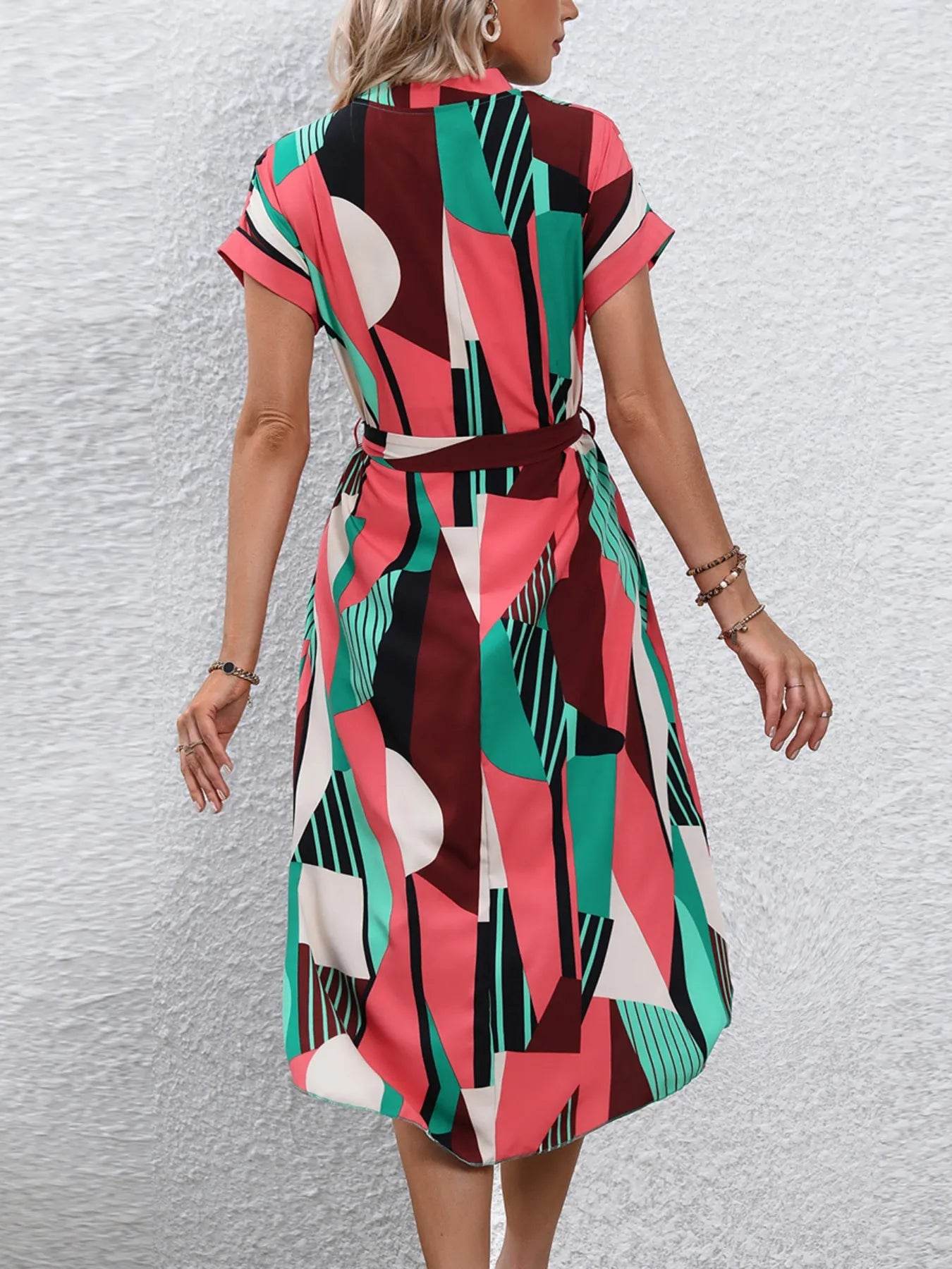 Tie Waist Short Sleeve Dress - ELY VESSA LLC