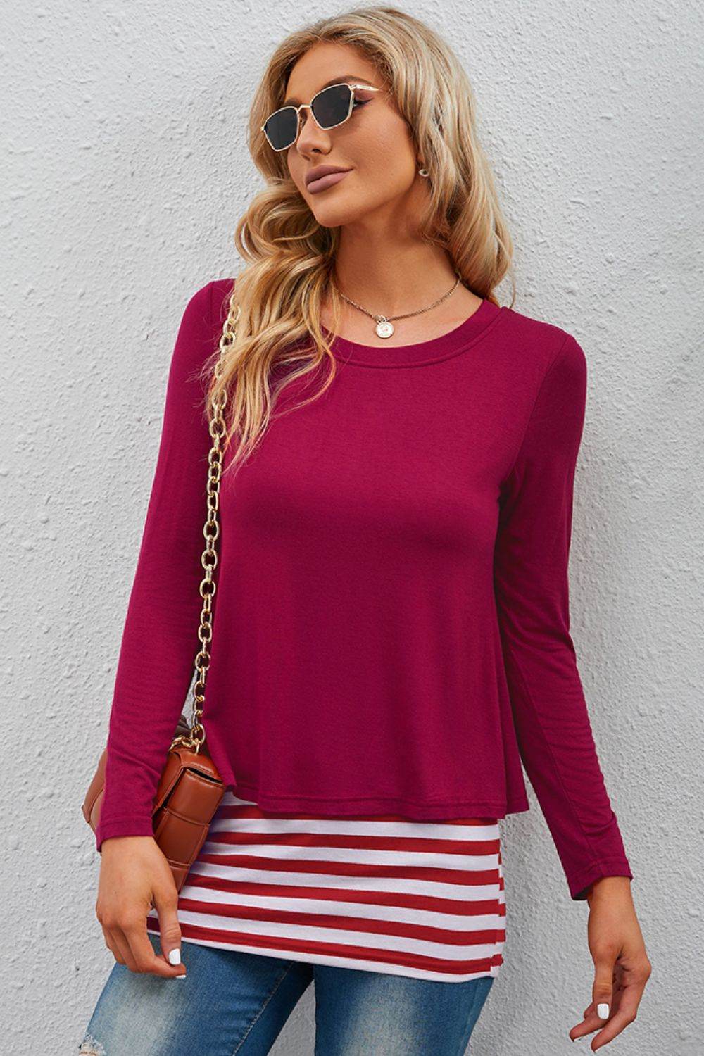 Full Size Striped Faux Layered Long Sleeve Top - ELY VESSA LLC
