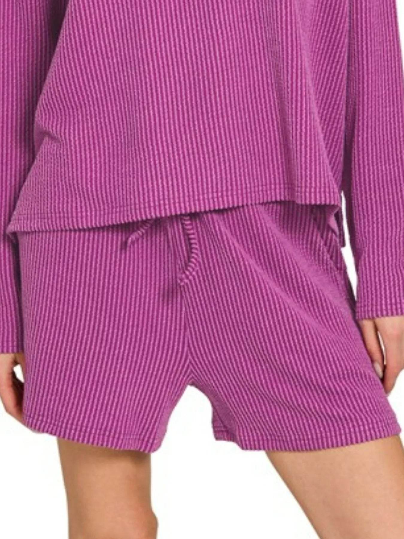 Zenana Corded Rib Long Sleeve Tee and Shorts Set - ELY VESSA LLC