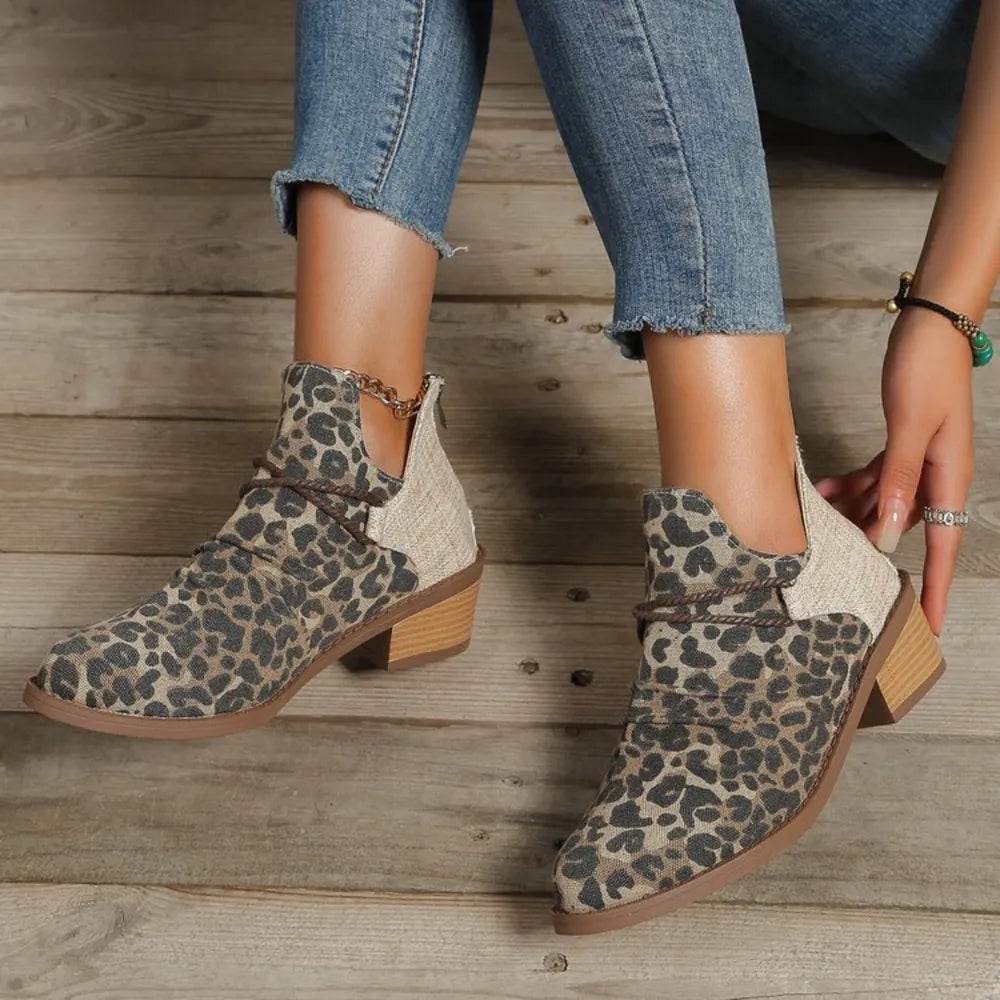 Contrast Canvas Low Heel Boots - ELY VESSA LLC