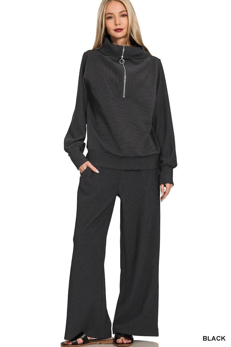 Zenana Ribbed High Neck Half Zip Pullover & Pants Set - ELY VESSA LLC