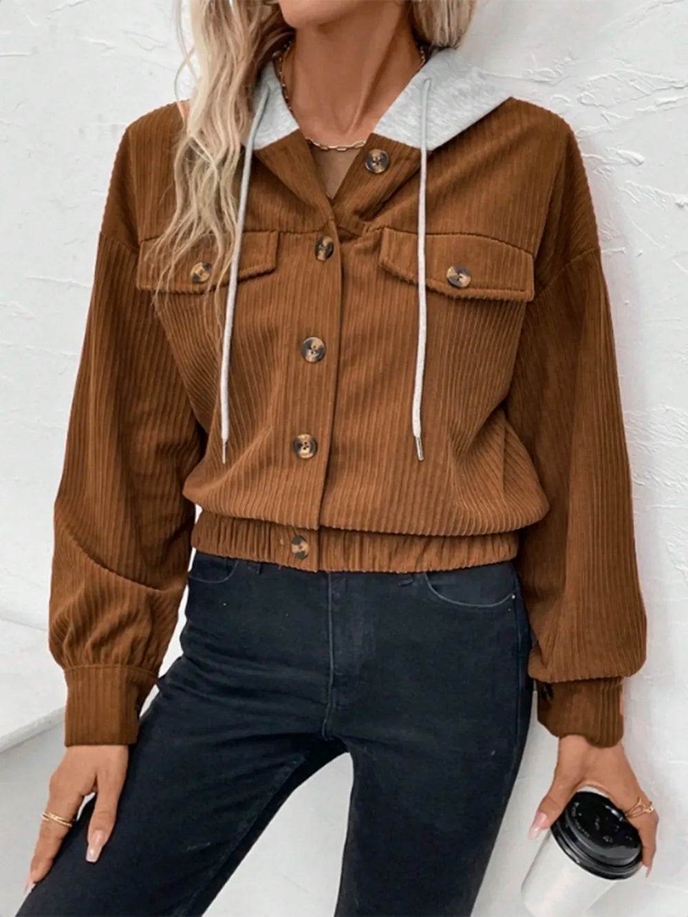 Button Up Drawstring Hooded Jacket - ELY VESSA LLC