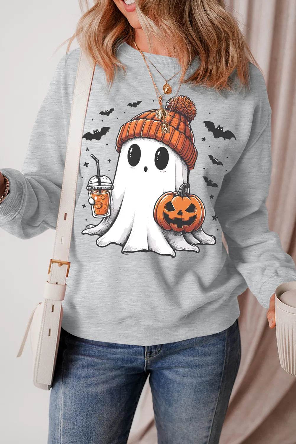 Ghost Round Neck Long Sleeve Sweatshirt - ELY VESSA LLC