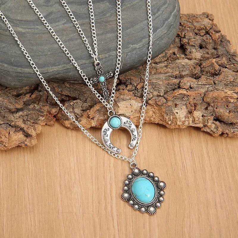 Artificial Turquoise Alloy Three-Layered Necklace - ELY VESSA LLC