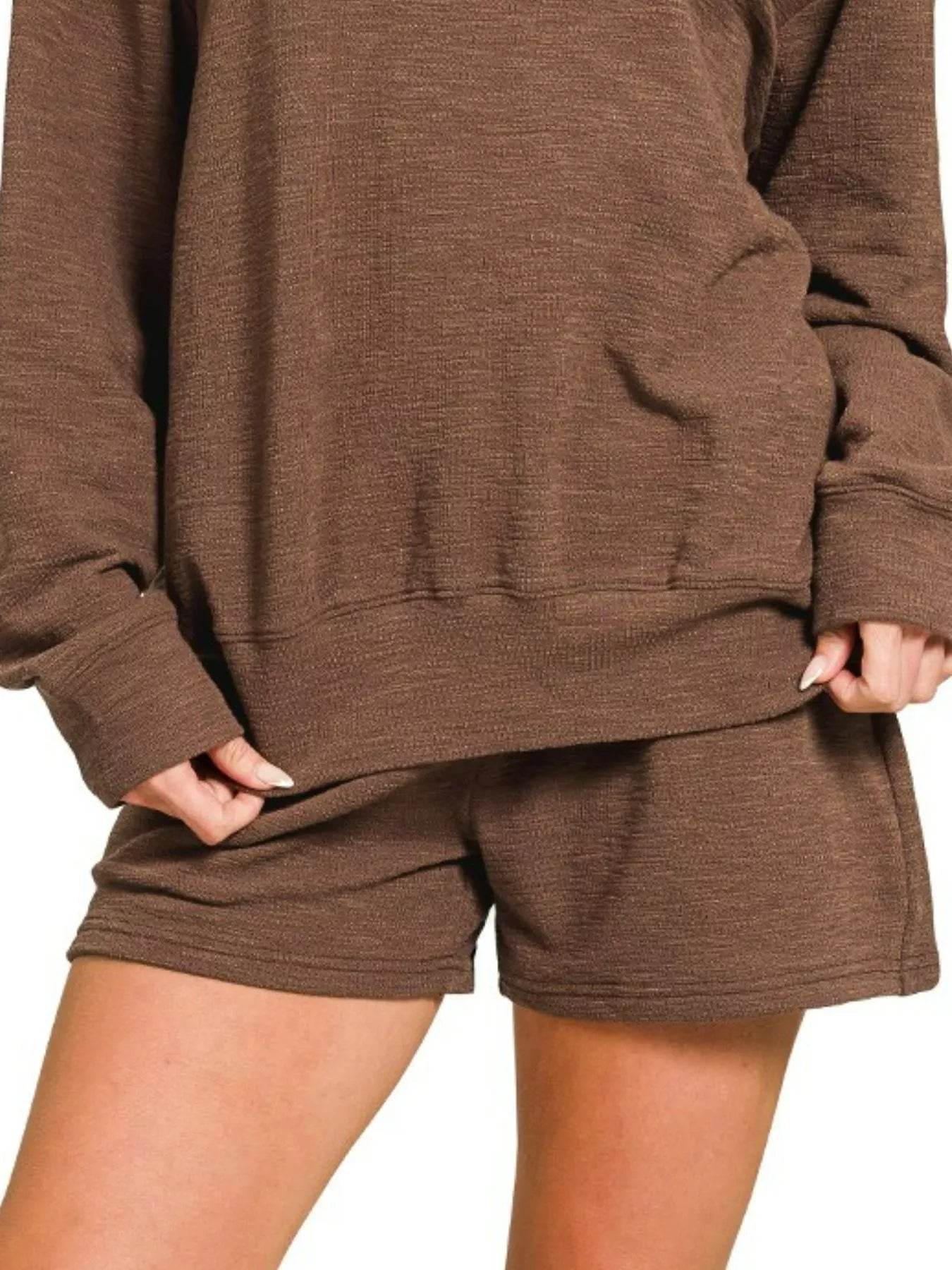 Zenana Slub Long Sleeve Top and Shorts Set - ELY VESSA LLC